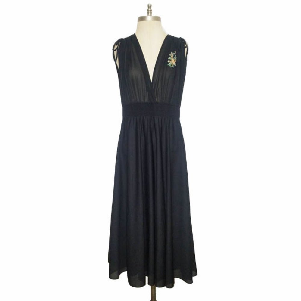 Vtg 70s Black Sheer Shoulder Tie Dress 7/8